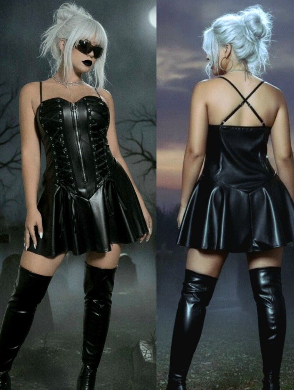 Black PU leather sexy lace up corset criss cross back mini flare dress 1X-2X NWT